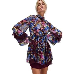 NWT Free People Dress Women's Size XS Burgundy Floral Print Long Sleeve